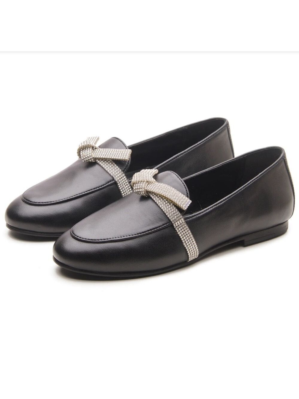 Allonsi Ariana Black Embellished Bow Leather Loafers, Size 8.